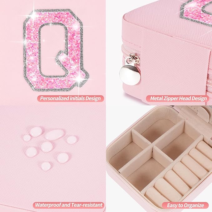 Uygafly Personalized Jewelry Case for Women Girls - Fashion Mini Jewelry Boxes - Trendy Travel Jewelry Organizer with Initials Letter - Teen Gifts | Pink,Q
