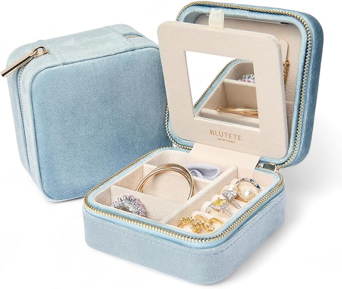 BLUTETE Travel Jewelry Box Organizer Velvet Travel Case With Mirror Ring Earrings Necklaces Storage Organizer Box (Sky Blue)