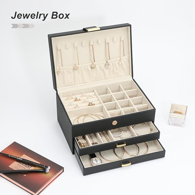 Jewelry Holder Organizer, Leather Jewelry Set Box with 2 Drawers, Jewelry Storage Box for Women Girls(Black)