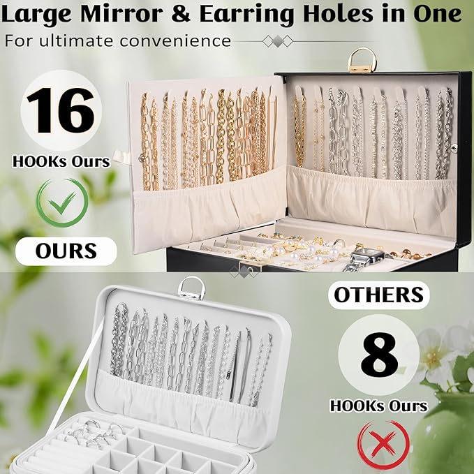 3 Layer Jewelry Boxes for Women with Mirror Large Jewelry Holder Organizer with 2 Jewelry Organizer Drawer PU Lockable Elegant Unique Gifts for Women, Black