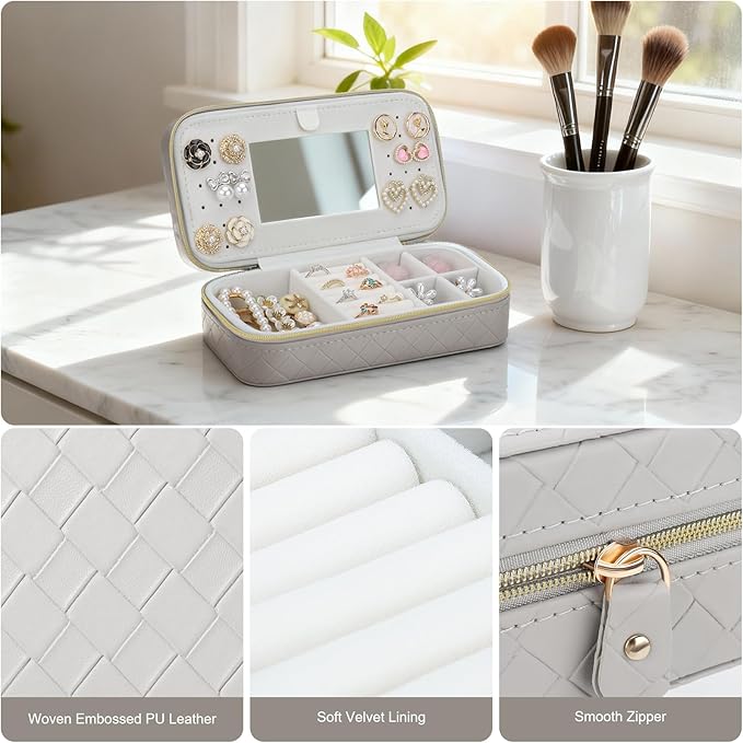 DesignSter Travel Jewelry Case, Woven Embossed PU Leather Jewelry Organizer with Mirror, Small Portable Jewelry Box for Women Rings Necklaces Bracelets Earrings
