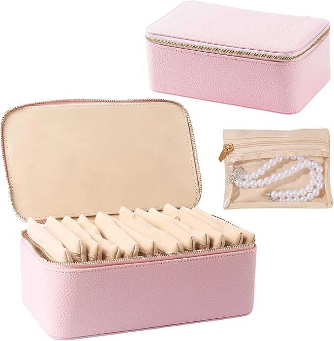 Travel Jewelry Organizer, Travel Jewelry Box with 12 Velvet Zipped Pouches Bags for Jewelries Necklaces Rings Earrings Sorting Storage for Women Girl Gifts, Blush