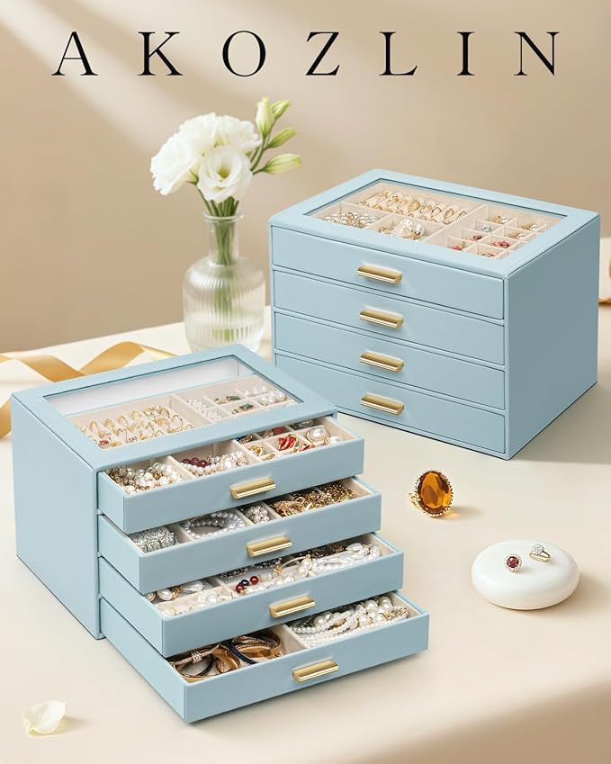AKOZLIN Jewelry Box with Clear Lid Functional Leather Jewelry Storage Organizer Case 4 Drawers for Women Girls Necklace Ring Bracelet Earring BlueGrey
