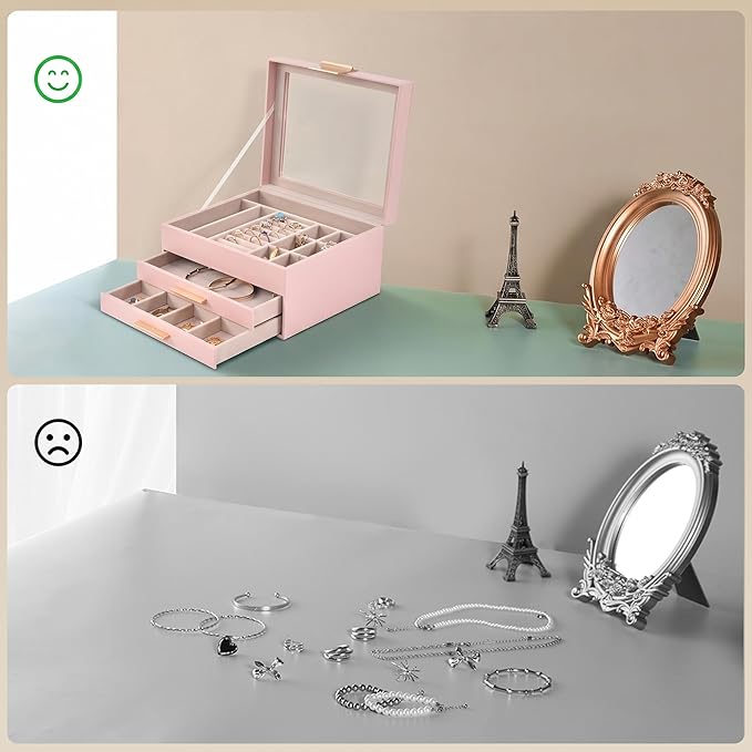 Somduy Jewelry Box Organizer for Women,3 Layers Jewelry Storage Display Box with Glass Lid,Gift for Christmas,3 Drawers,Large Capacity for Necklace Earrings Bracelets Rings,Pink