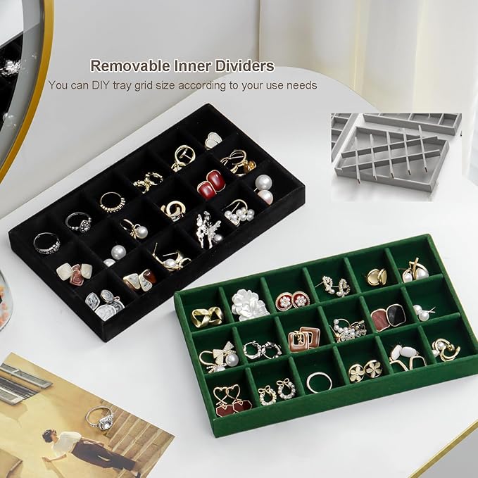 SPAKOWN Jewelry Drawer Organizer Inserts Set of 9, Jewelry Trays for Drawers Velvet Jewelry Organizer Tray Drawer Jewelry Organizers and Storage for Earring Ring Necklace Watch Bracelet (Green)