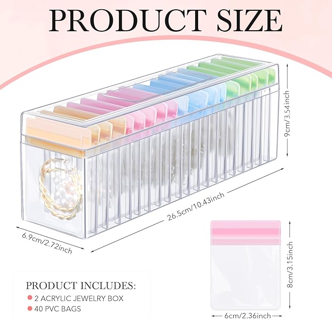 Kenning 42 Pcs Acrylic Jewelry Case Organizer, Clear Jewelry Organizers Holder with Portable Anti Tarnish Storage Bags for Rings, Earrings, Necklaces, Ideal Gifts for Women (Four Color Mixture)