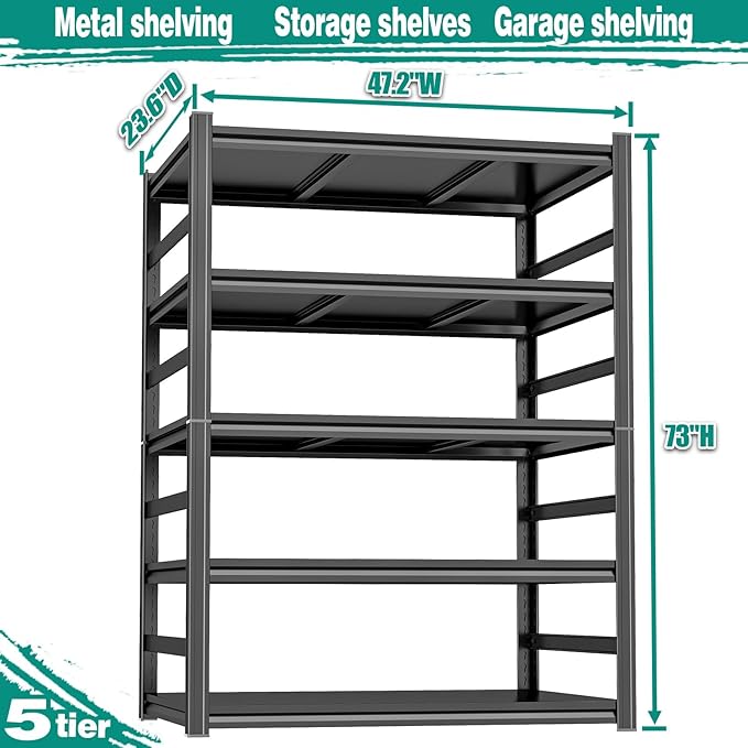 PRESTELION 47" W Garage Shelving Unit 3000LBS Storage Shelves Heavy Duty Adjustable Metal Shelf 5 Tier Storage Rack for Basement, Warehouse, Pantry, Closet, Kitchen 73" H x 47.3" W x 23.6" D, Black