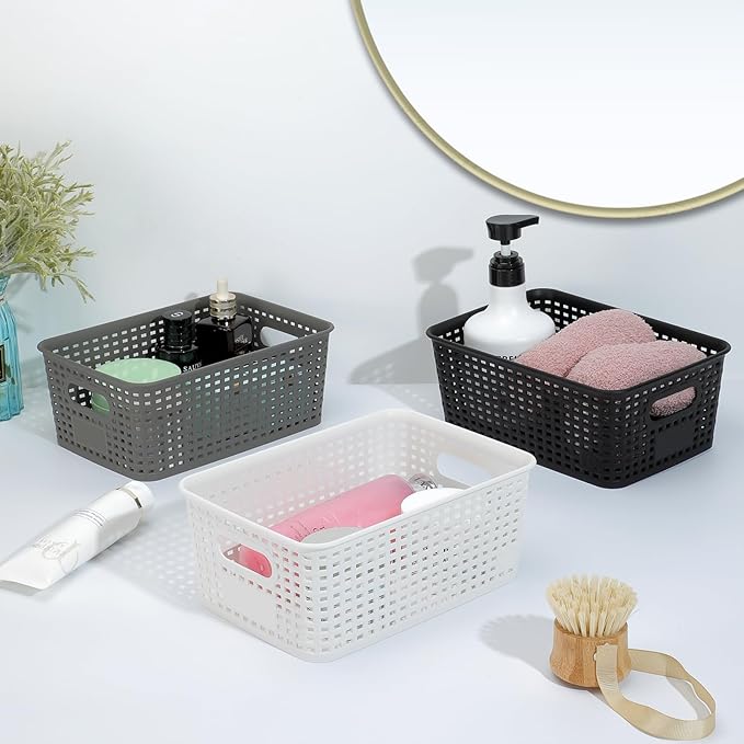 Plastic Storage Baskets 6 Pack Sturdy Storage Organizer Basket Woven Plastic Storage Bins for Shelves,Closet,Countertops, Desktops, Cabinets and Badrooms,Saving Storage, Stylish Design,White