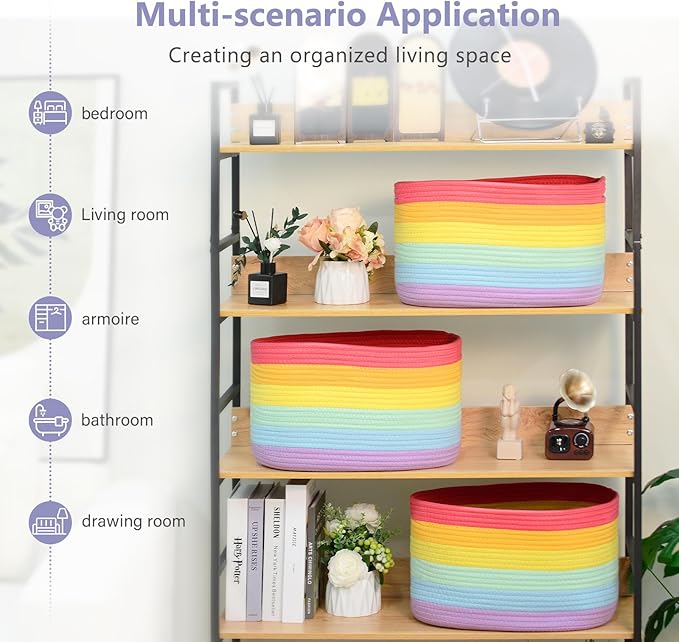 ECDYQXVU Cotton Rope Storage Basket, 15x10x9 Inches, Woven Basket for Shelves, Clothes, Towels, Books, and Laundry, Rainbow (2 Pack)