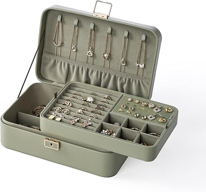 Jewelry Box, 2-Layer Jewelry Holder Organizer with Lock, Removable Jewelry Tray for Earrings Necklaces Bracelets, Green