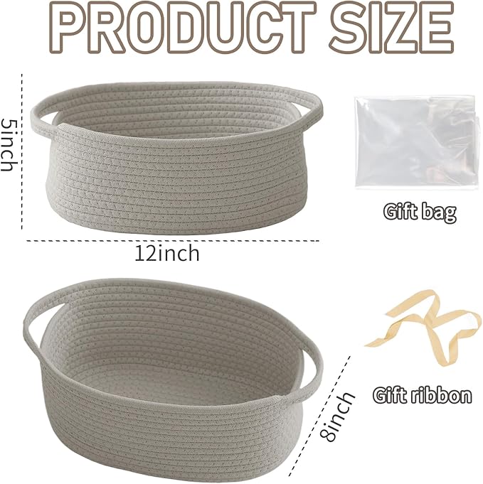 JMvicyroam Woven Basket,Small Rope Storage Bin with Handles & Ribbon Bag, Organizer for Shelves Closets,Gift Basket Empty for Birthday,Books,Dog Toys, Grey/2 Pack
