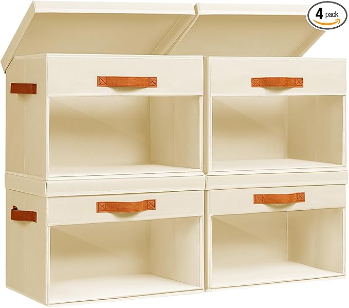 Homsorout Large Storage Bins with Lids - 4 Pack Foldable Decorative Organizers with Clear Windows & Handles, Cube Storage Organizers for Clothes, Blankets, Sweaters, Sheets, Beige