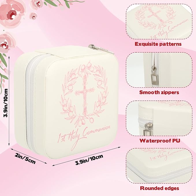 First Communion Travel Jewelry Box, Small Zippered Jewelry Case with Soft Lining, White Square Keepsake Box for Rings Earrings Necklaces, Religious Keepsake Gift for Baptism or Wedding (1, White)