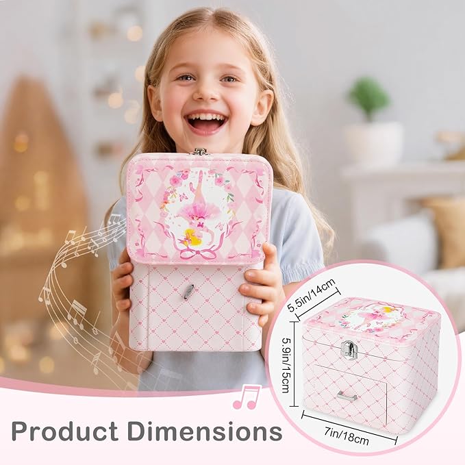 Basumee Musical Jewelry Box for Girls PU Leather Music Box with Drawer Large Kids Jewelry Organizer with Unicorn/Ballerina Jewelry Storage for Little Girls Ages 3–10, Birthday & Holiday Present