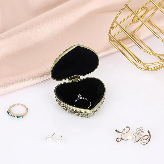 Hipiwe Vintage Heart Shape Jewelry Box - Small Antique Ring/Earrings/Necklace Storage Organizer Case, Metal Treasure Chest Trinket Keepsake Gift Box for Women,Bronze