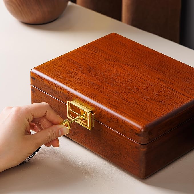 Solid Walnut Wood Jewelry Box with Lock, 2 Layer Velvet Jewelry Organizer Storage for Earrings Rings Necklaces Bracelets Cufflink, Gift Idea for Men Women, Beige