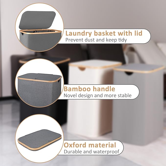 iEGrow Laundry Basket with Lid, 160L Laundry Hamper with Bamboo Handle,Clothes Basket Organizer with Removable Inner Bag for Clothes Toys Towels,Light Grey