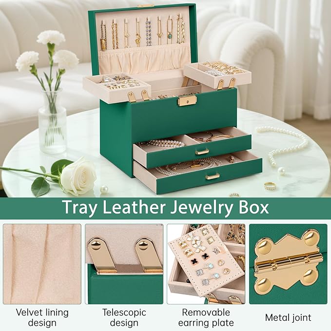 AKOZLIN Travel Jewelry Box Organizer Functional 2-trays Leather Jewelry Storage Case with Lockable Portable 2 Drawers for Women Girls Ring Necklace Earring Bracelet