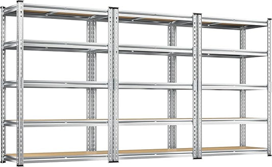 REIBII Garage Shelving, 5 Tier Storage Shelves Load 2400LBS, Adjustable Garage Shelving Heavy Duty, Metal Shelving Unit with Waterproof Columns, 35.5" W x 11.9" D x 72" H, Galvanized, 3 Pack