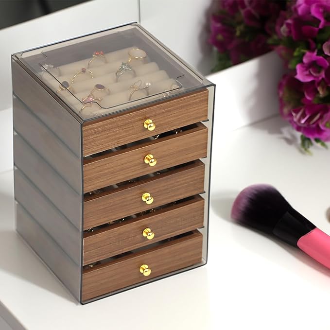 Fordonral Earring Jewelry Organizer Box with 5 Drawers, Plastic Jewelry Storage with Asjustable Velvet Trays, Multiple Display Holder for Earrings Ring Bracelet Necklace (Small-5-Drawer)