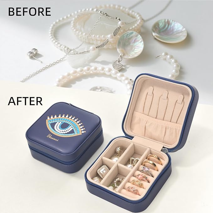 shunmei Mini Travel Jewelry Box,PU Leather Portable Jewelry Organizer Case,Art Accessories Storage Holder Boxes for Earring, Necklace, Rings, Bracelets (Blue Eyes)