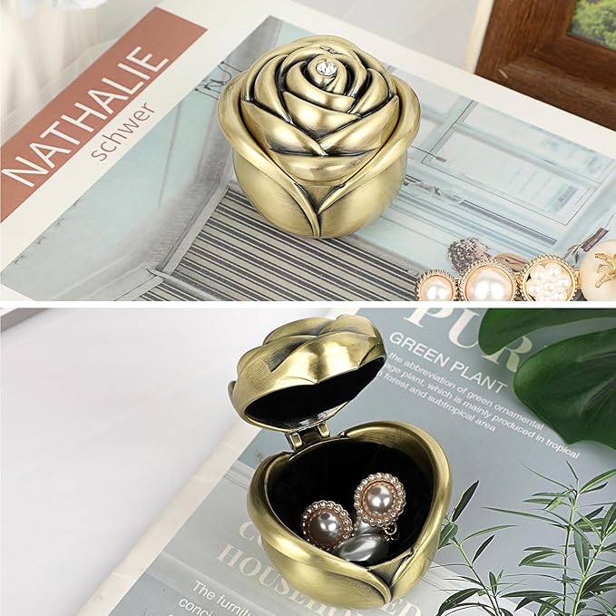 Hipiwe Small Vintage Jewelry Box, Rose Shape Ring Holder Treasure Chest Box for Women, Trinket Storage Case Keepsake Box for Rings Earrings Necklace, Bronze