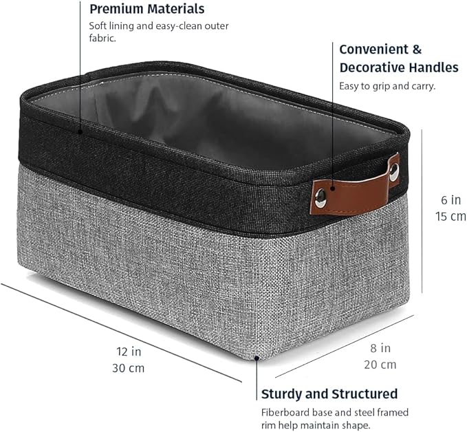OrganiHaus Small Fabric Storage Baskets 3 Pack, 12x8in Cloth Storage Bins for Shelves, Small Baskets for Organizing Pantry Closet, Canvas Shelf Baskets, Gray/Black