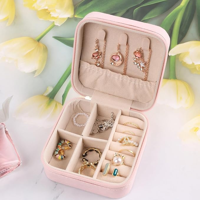 Travel Jewelry Case for Women Girls,PU Leather Small Travel Box Organizer, 6.3x4.3,Pink,1Pack