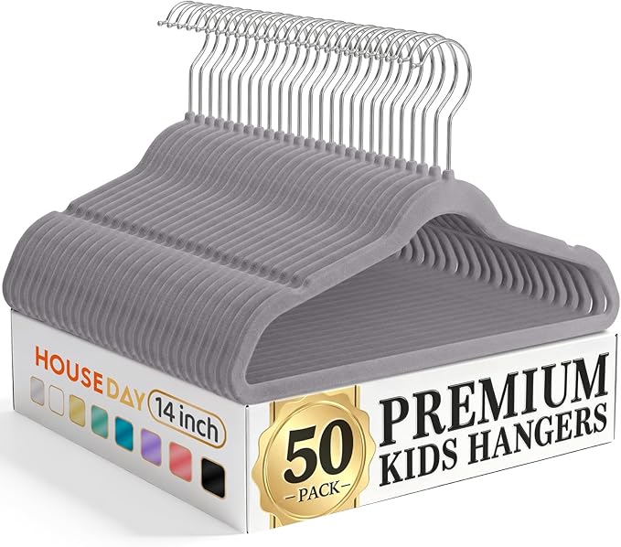 HOUSE DAY 14 Inch Kids Velvet Hangers 50 Pack, Durable Big Kid Hangers for Youth, Teen, Non Slip Kids Felt Hanger, Cute Childrens Hanger for Closet, Grey