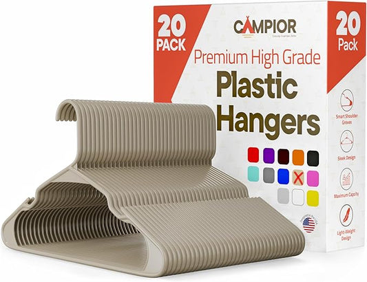 Plastic Clothes Hangers – Heavy Duty Hanger Set, for Organizing Clothes, Dresses, and Coat, Holds Up to 5 lbs, Space-Saving Hangers with Non-Slip Shoulder Grooves, Pack of 20, Ivory