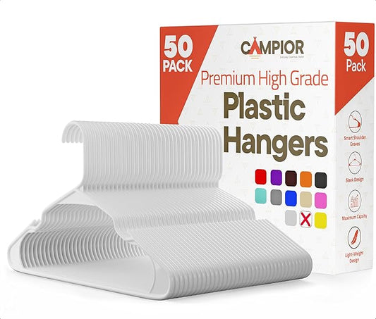 White Plastic Hangers 50 Pack– Heavy-Duty Plastic Hangers Slim and Space-Saving, Durable and Lightweight PP with Non-Slip Shoulder Notches for Slip Dresses, Suits, Jackets & Camisoles