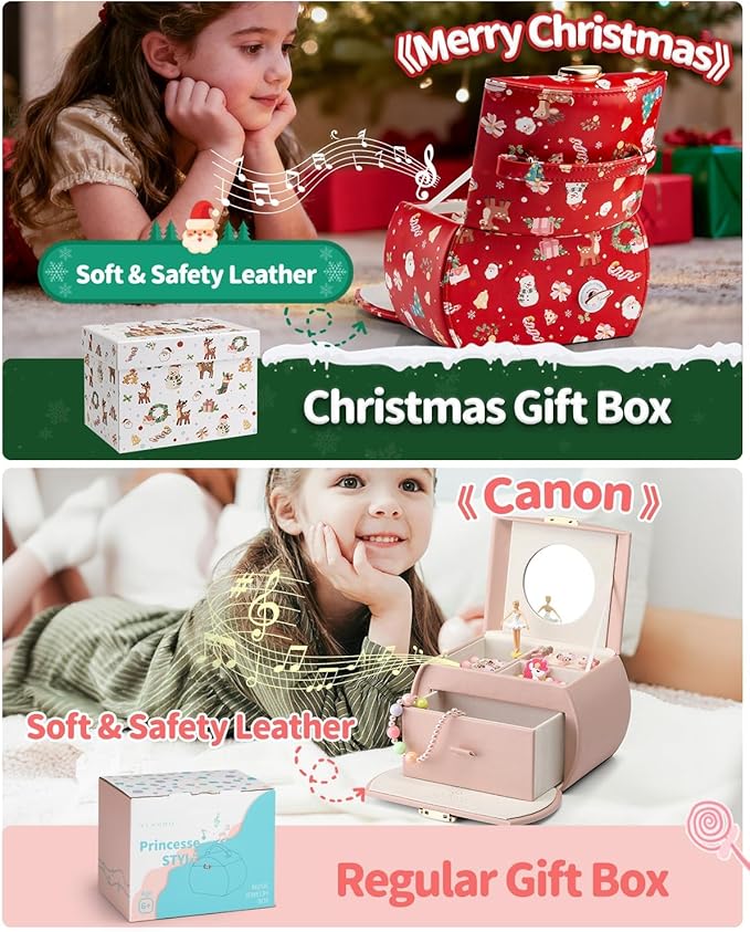 VLANDO Kids Musical Jewelry Box for Girls with Drawer, Music Box with Ballerina and Stickers for Birthday Bedroom Decor, Holidays Gifts for Girls Kids - Christmas Green