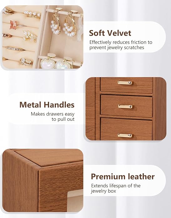 Homde Large Jewelry Box/Organizer/Case with Glass Window, Drawers for Necklaces Earrings Rings Bracelets Watches Gift for Women Girls
