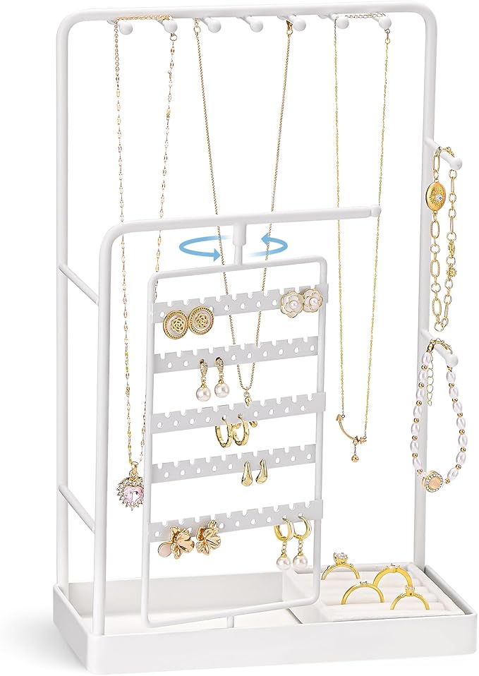 ProCase Jewelry Stand Holder Organizer, Jewelry Display Storage with Ring Tray, Rotating Earring Bracelet Necklace Holder, Valentine's Gifts Room Dorm Decor for Teen Girls -White (No-Assembly)