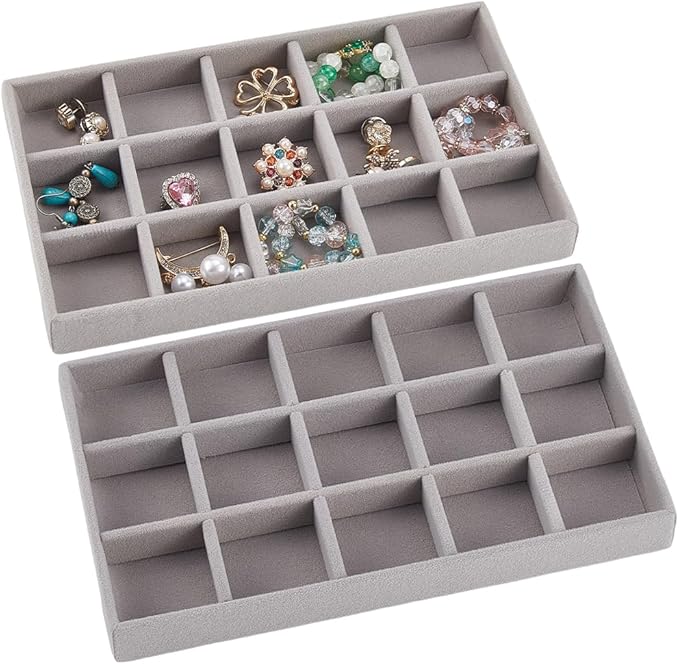 2Pcs 5 x 8.3 Inch Jewelry Drawer Inserts Velvet Jewelry Tray Gray 15 Grids Dresser Earring Drawer with Removable Divider Necklace Organizer Storage Container for Bracelet Ring Watch Display