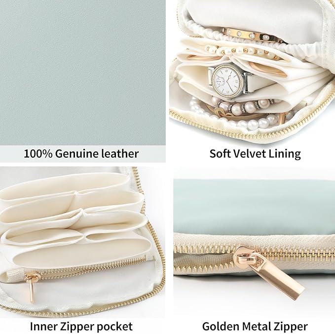 Genuine Leather Travel Jewelry Organizer Case Pouch Bags with Zipper, Small Mini Portable Jewelry Storage Bag for Ring Earrings Necklace Bracelet Travel Essentials Gift for Women（Pink）
