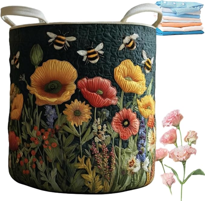 Quilted Laundry Basket with Handles, Boho Floral Fabric Storage Hamper, Large Soft Quilted Laundry Basket for Nursery, Bedroom, Laundry Room,Clothes & Toys (L, M)