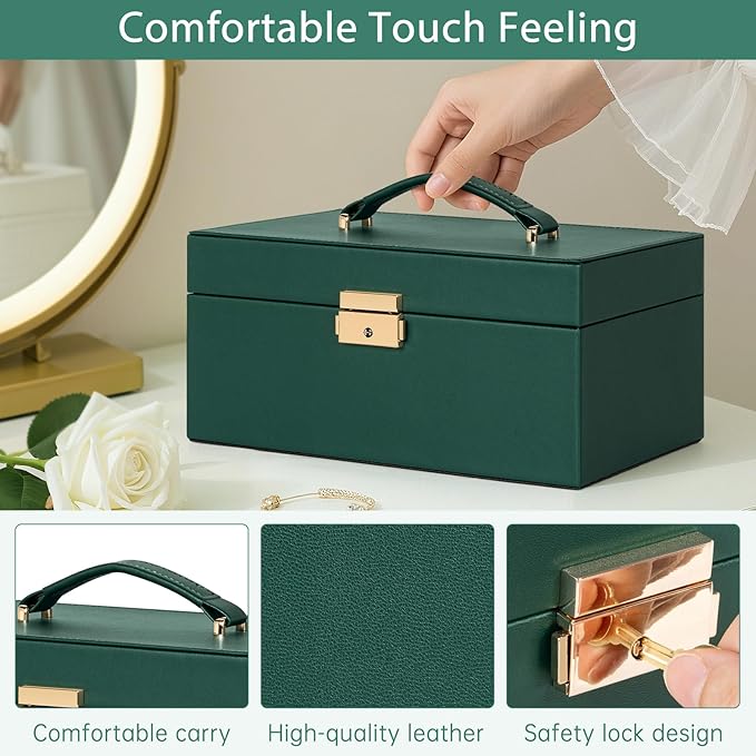 AKOZLIN Travel Jewelry Box Organizer Functional 2-trays Leather Jewelry Storage Case with Lockable Portable for Women Girls Ring Necklace Earring Bracelet