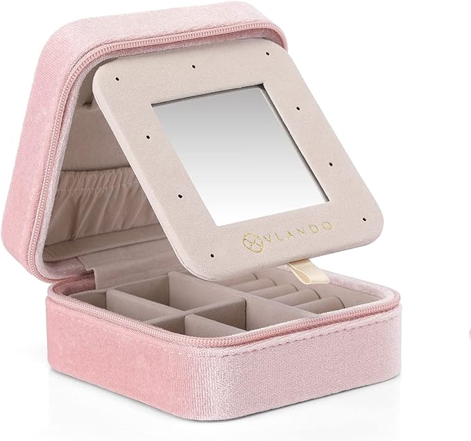 Vlando Small Travel Jewelry Box Organizer Display Case for Rings Earrings Necklaces Storage, Selected Soft Velvet, Letter A Engraved, Pink