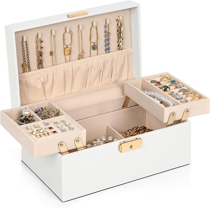 AKOZLIN Travel Jewelry Box Organizer Functional 2-trays Leather Jewelry Storage Case with Lockable Portable for Women Girls Ring Necklace Earring Bracelet