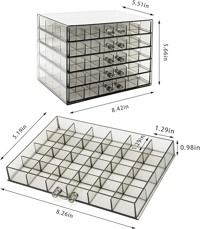 Clear Grey Acrylic Jewelry Storage Box, Earring Jewelry Organizer with 5 Drawers, 5-Layer Jewelry Box for Women, Earring Display Holder for Earrings Ring Bracelet Necklace, 120 Grid Storage Box