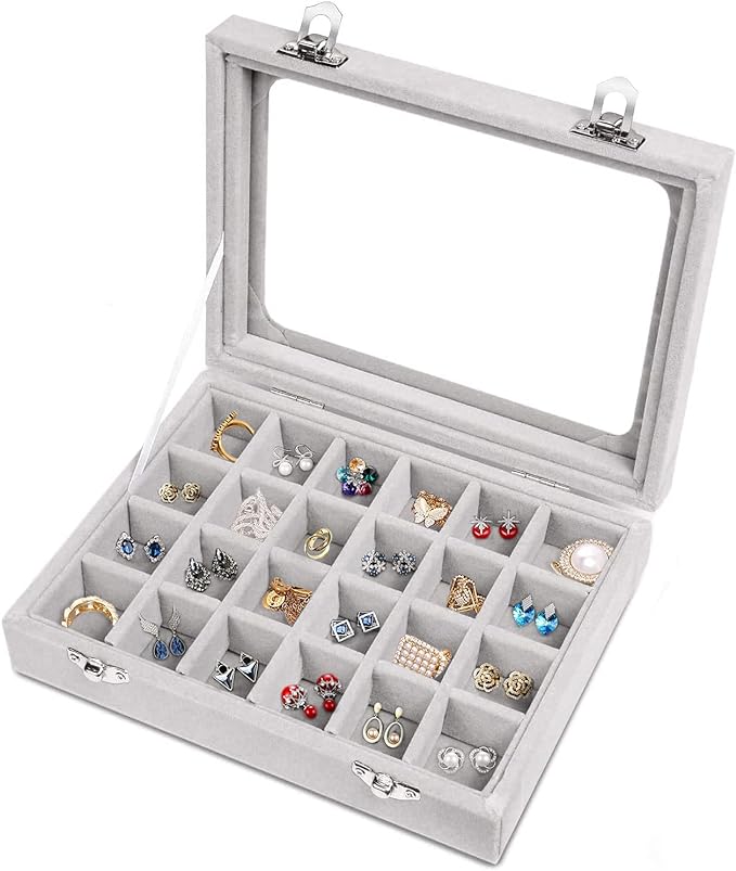 Jewelry Box 24 Grid Velvet Jewelry Tray for Drawers Glass Clear Lid Showcase Display Storage Ring Trays Holder Earrings Organizer Case(Grey)