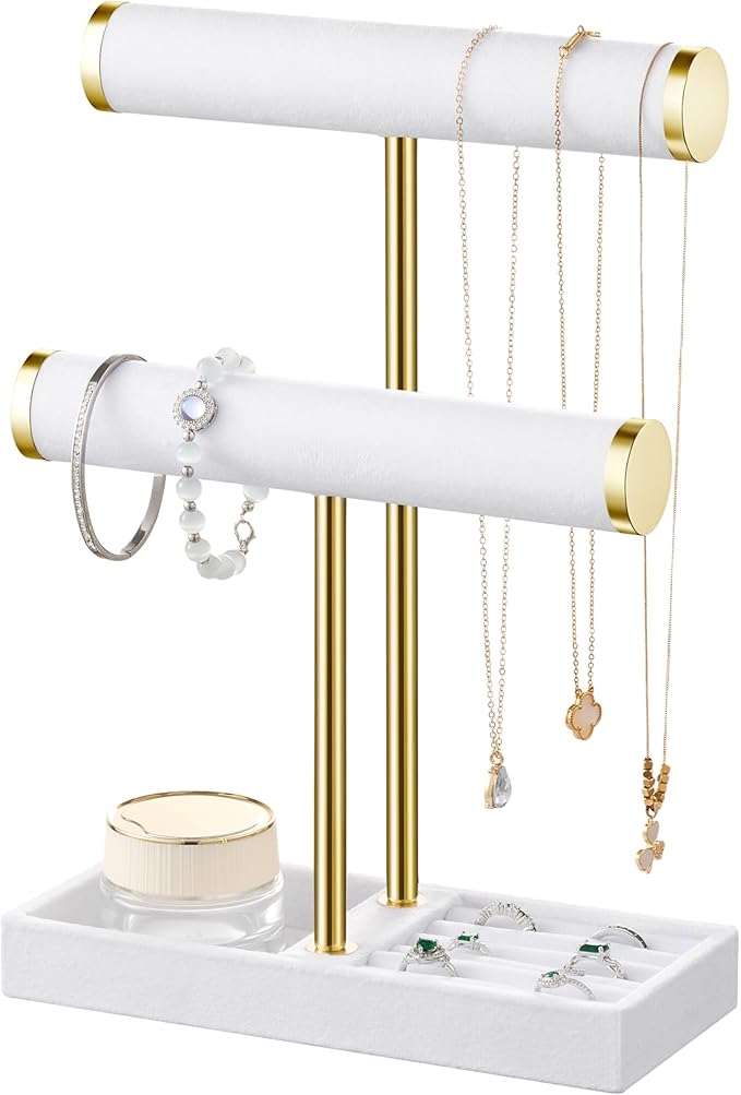 bussdis 2 Tier Bracelet Holder Display - Detachable T Bar White Velvet Bracelet Holder, Jewelry Holder Organizer for Bracelet, Necklace, Earrings, Rings