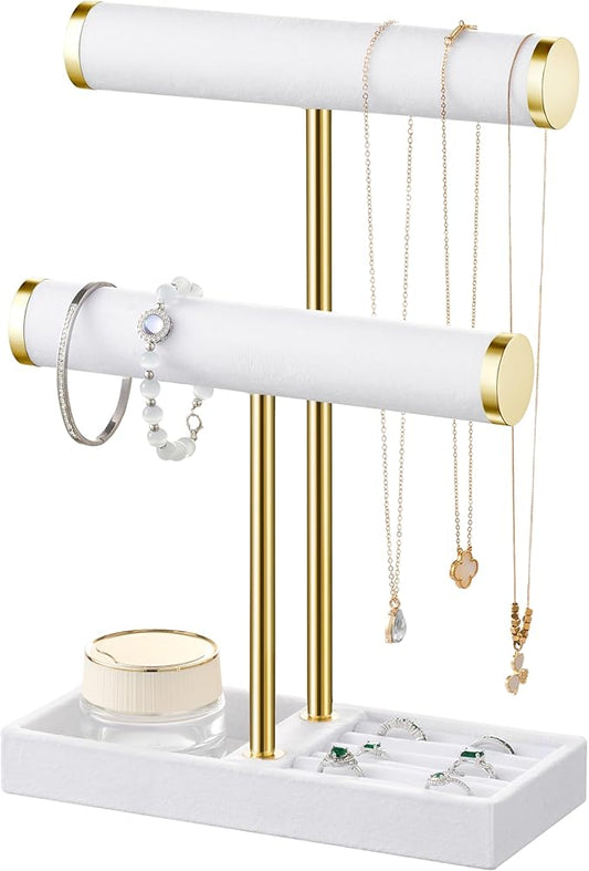bussdis 2 Tier Bracelet Holder Display - Detachable T Bar White Velvet Bracelet Holder, Jewelry Holder Organizer for Bracelet, Necklace, Earrings, Rings