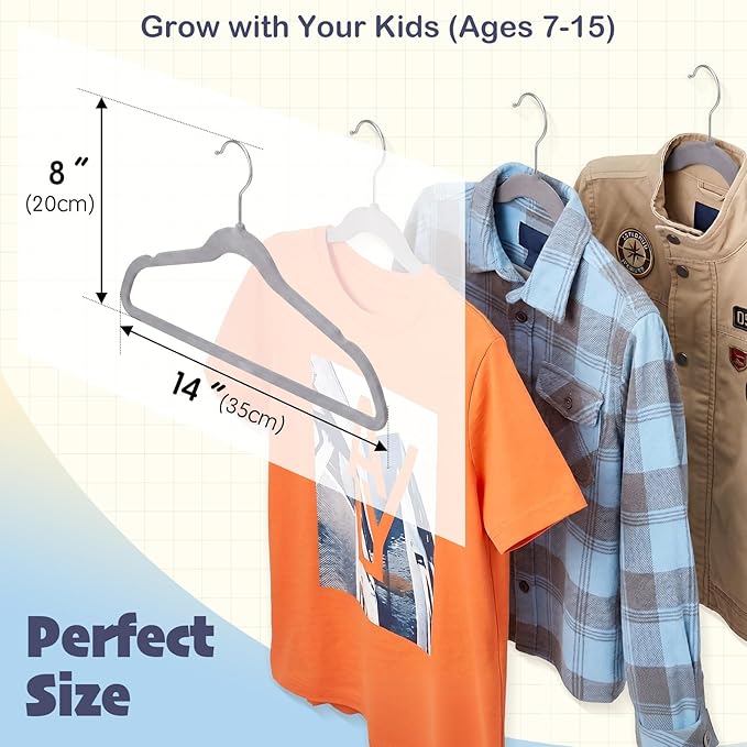 HOUSE DAY 14 Inch Kids Velvet Hangers 50 Pack, Durable Big Kid Hangers for Youth, Teen, Non Slip Kids Felt Hanger, Cute Childrens Hanger for Closet, Grey