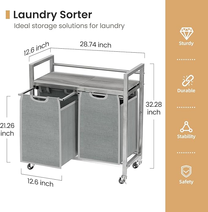 SwaaVee Laundry Hamper, Laundry Basket, Laundry Sorter with 3 Removable Bags, Clothes Basket with 3 Compartments, Wheels, Shelf for Laundry Room Bathroom Bedroom (2 Bags-Gray)