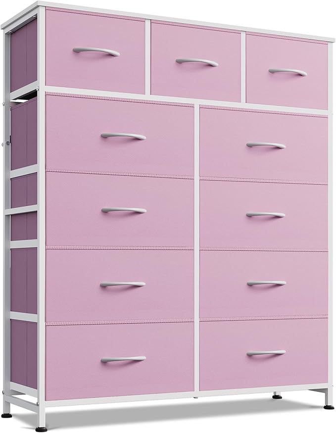 WLIVE Storage Organizer Unit with 11 Fabric Bins, Storage Drawers Organizer with Steel Frame, Tall Storage Tower Organizaton for Living Room, Hallway, Office,A-Pink