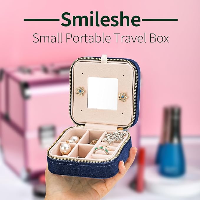 Smileshe Travel Velvet Jewelry Box with Mirror, Mini Gifts Case for Women Girls, Small Portable Organizer Boxes for Rings Earrings Necklaces Bracelets