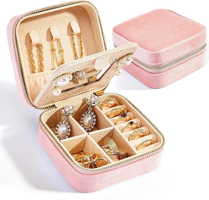 Smileshe Travel Velvet Jewelry Box with Mirror, Mini Gifts Case for Women Girls, Small Portable Organizer Boxes for Rings Earrings Necklaces Bracelets