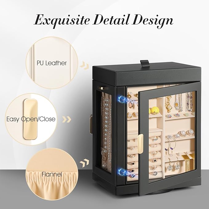 TidyStash 360° Rotating Jewelry Organizers and Storage, Large Jewelry Boxes for Women Necklace, Ring Earring Storage, Vertical Accessory Organizers and Storage, Black